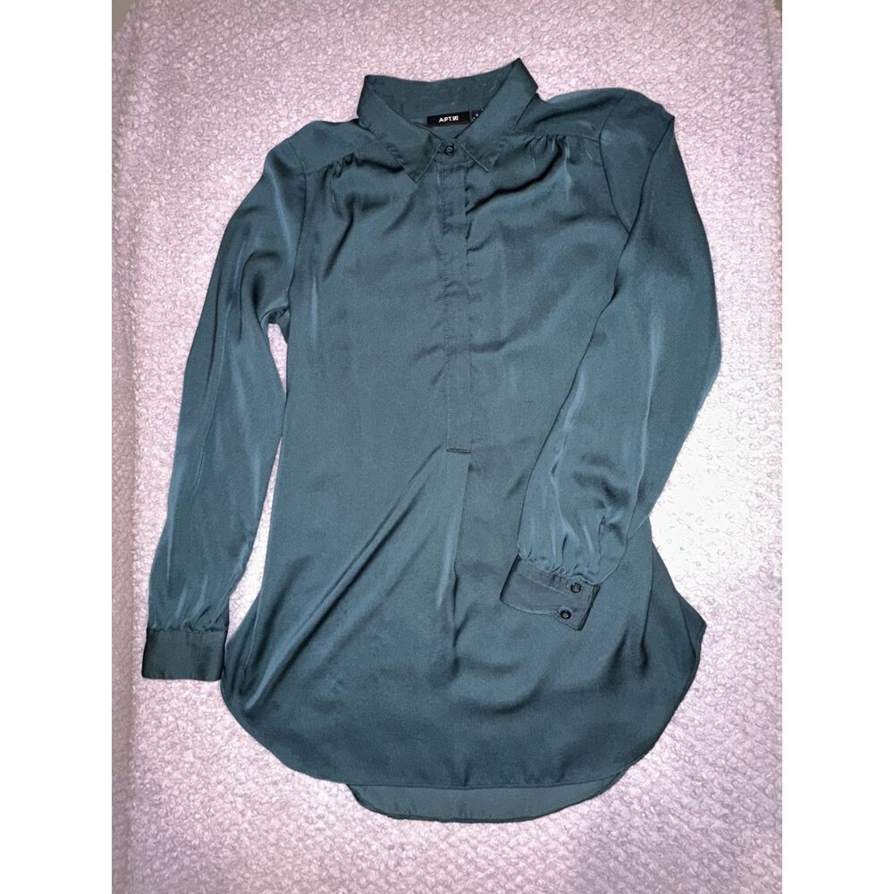 Apt. 9 Dark Green Teal Satin Long Sleeve Button Down Blouse Shirt Size S